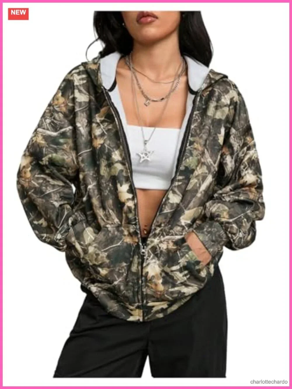 Oversized Zip Up Hoodie with Camo Print